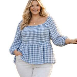 Torrid Gingham Check Long Sleeve Babydoll Top Size 3X Ruffle Hem Square Neck
